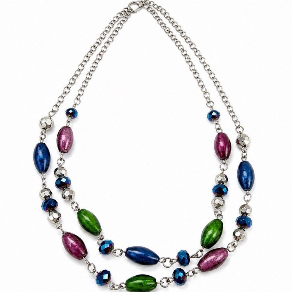 Vintage Double Strand Beaded Necklace 80s Blue Green Purple AB Crystal Boho Y2K